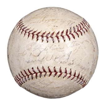 1939 New York Yankees World Series Champions Team Signed OAL Harridge Baseball With 28 Signatures Including Lou Gehrig on the Sweet Spot, DiMaggio & Gordon (JSA)